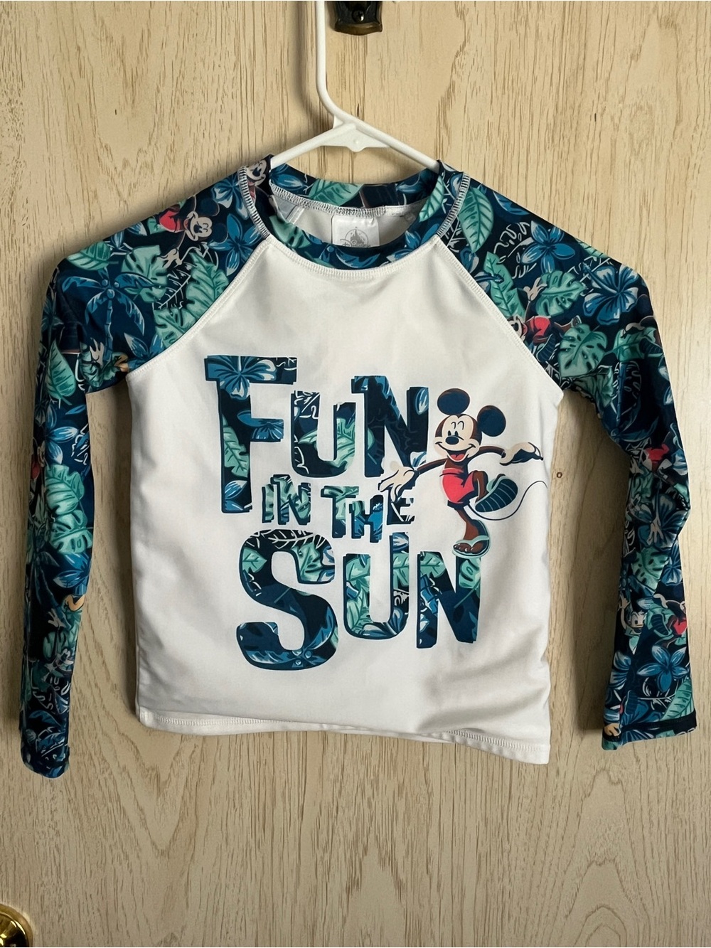 Disney FUN IN THE SUN Tropical Print Mickey Goofy Donald Swim Sun Shirt Kids 5/6